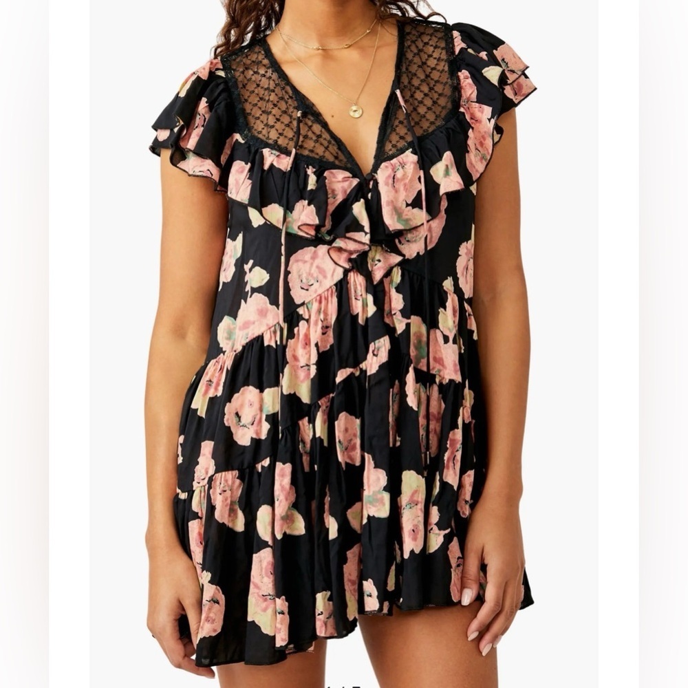 Free People Floral Babydoll Dress Black Pink Medium
